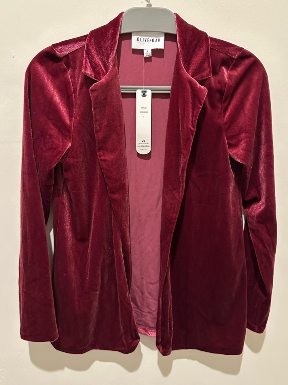Olive & Oak Velvet Open Blazer in Burgundy - Size Small - NWT